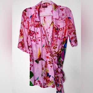 Ruby Yaya Women’s Wrap Top Pink Bird Print Crystal Embellished Size Medium